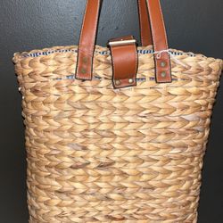Rattan Tote Handbag Beach Backpack with Nautical Stripe Lining