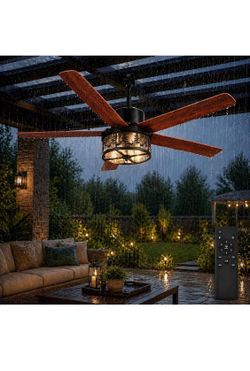 Brand New 52 Inch Outdoor Farmhouse Rustic Ceiling Fan with Light, Rustic Deer Antler Ceiling Fan, IP65 Waterproof Ceiling Fan with Remote and Reversi