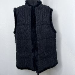 TALBOTS FAUX-FUR-TRIM CABLE SWEATER VEST COLOR: BLACK  SIZE: 2X