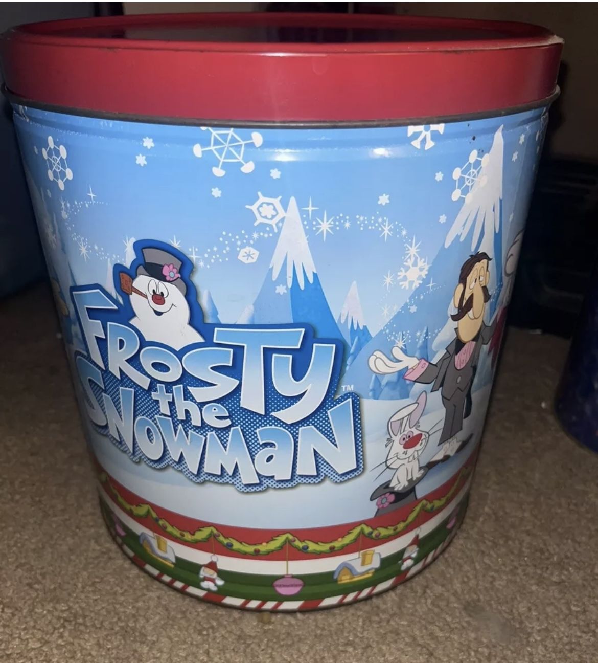 Rare 2013 Frosty the Snowman Empty Popcorn Tin Can 64oz container
