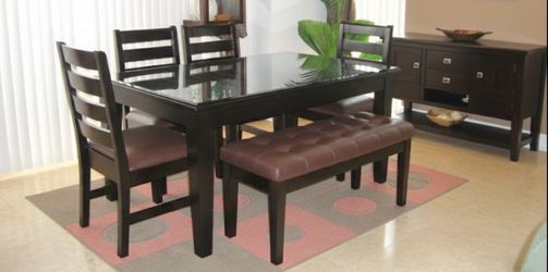 Dark Wood Dining Table Set with Bench
