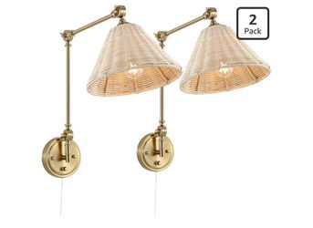 WINGBO Wall Sconce Rattan Wrapped Wall Lamp, Large Lampshade, Adjustable Swing Arm Wall Light Gold Vintage Bedside Light Fixture Wicker Handmade Shade