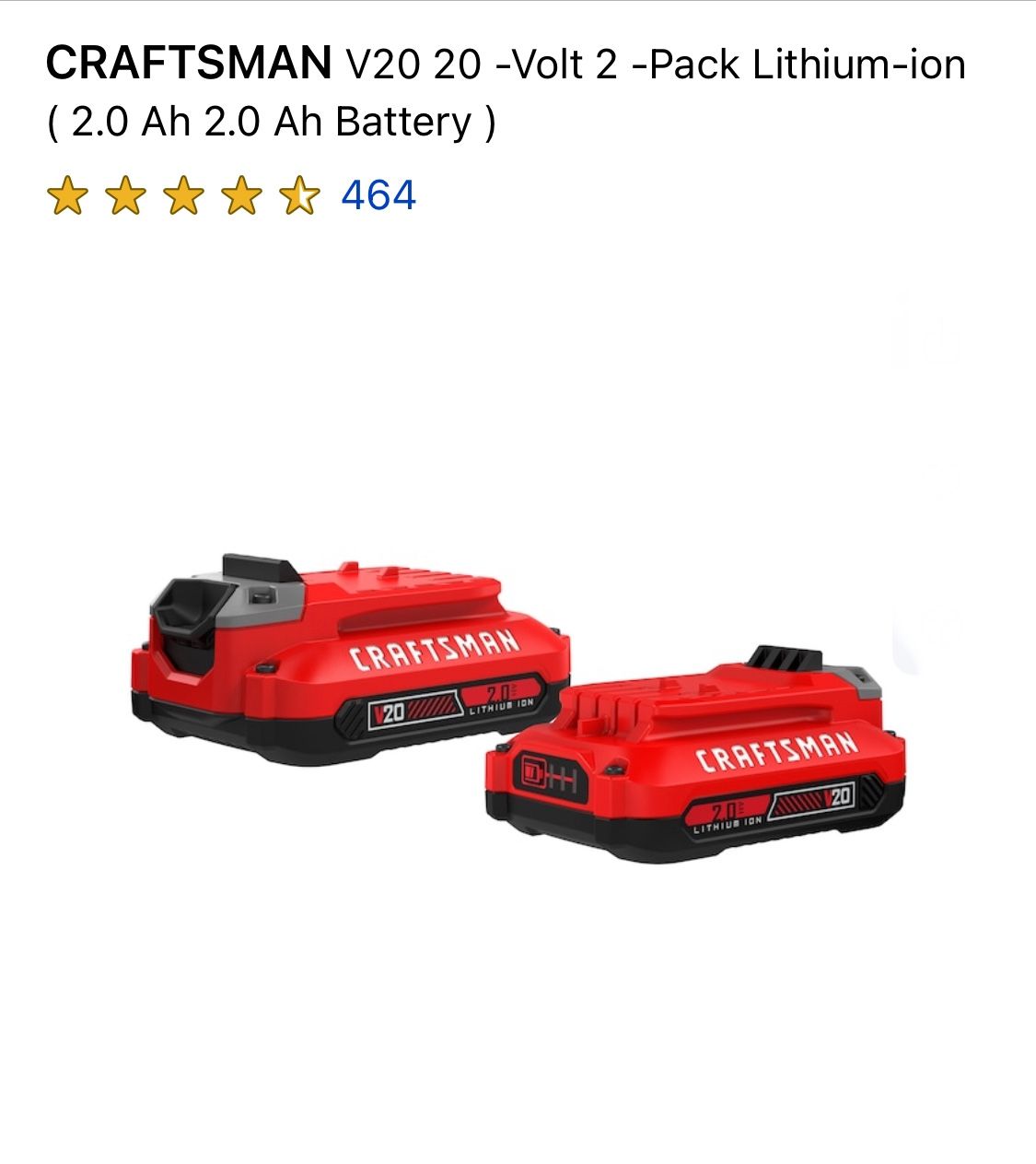 CRAFTSMAN V20 20 -Volt 2 -Pack Lithium-ion ( 2.0 Ah 2.0 Ah Battery )