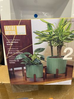 Inside Outside Garden Ceramic Planters with Bamboo Stands 2-Pack