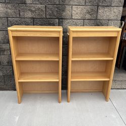 matching blonde bookshelves 