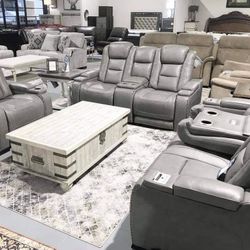 The Man-Den Gray Power Reclining Sofa and Loveseat with Power Recliner.       Free Delivery 
