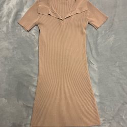 Tan Ribbed Sheath Midi Dress with Sailor Collar