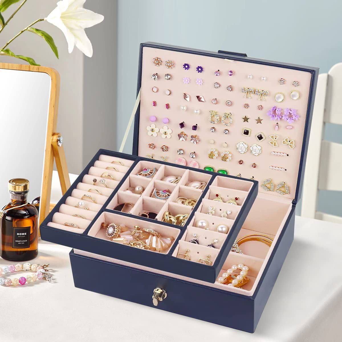 Jewelry Organizer Box, PU Leather Jewelry Boxes Necklaces Rings Earrings Holder Organizer Storage Case Double Layer Display Earrings Organizer Box Ele