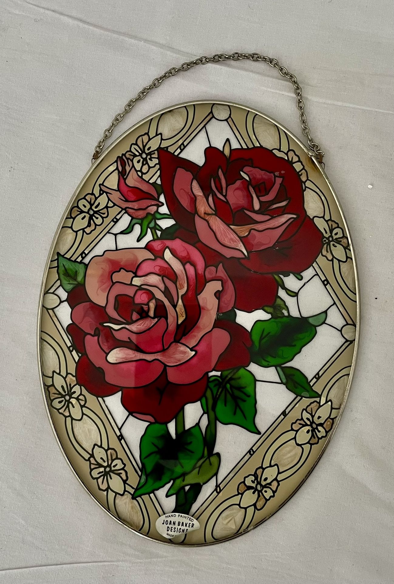 Oval Shape Red and Pink Roses Stain Glass Hand Painted Suncatcher.