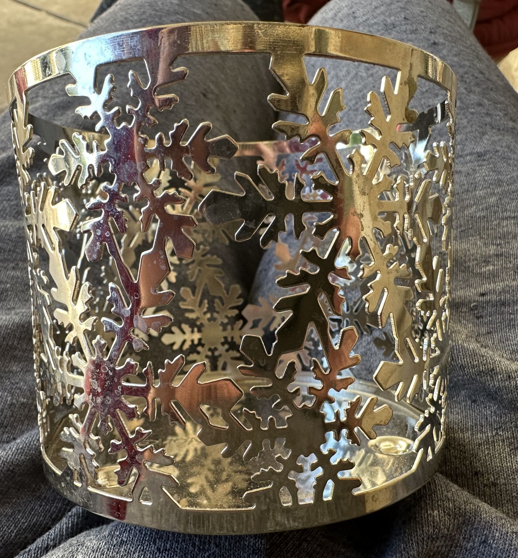 Set Of 2 Bath & Body Works silver-tone metal 3-wick candle holder sleeve with a snowflake design.