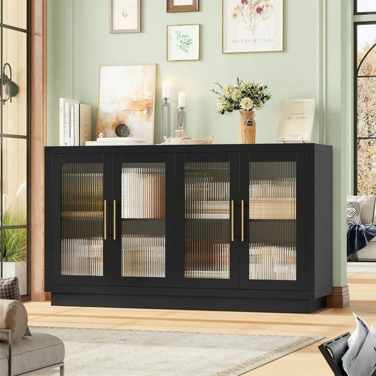 Modern Sideboard Buffet with Fluted Glass Doors, Accent Cabinet Console Table TV Stand, Black