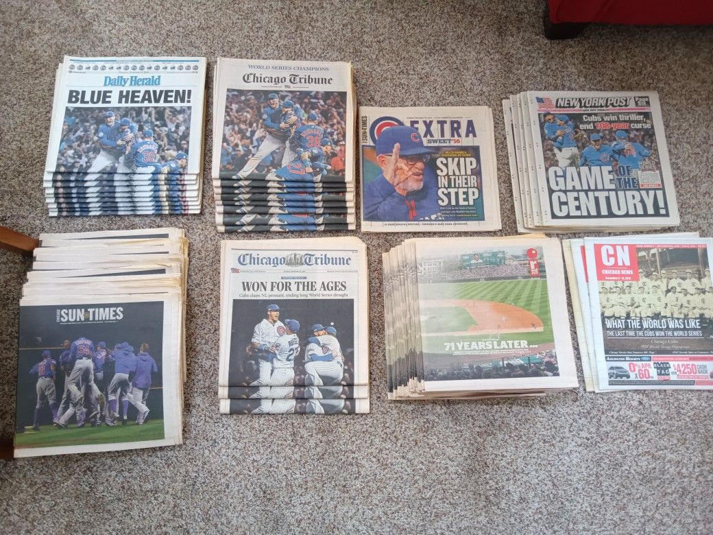 Chicago Cubs Fans World Series Collection 111 Newspapers Total $200 Takes entire 111 piece collection one lot..Or Purchase $20 each your choice. See