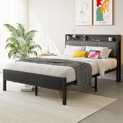 Full Size Bed Frame,Storage Headboard with Charging Station,Solid and Stable,No Box Spring