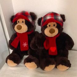 A Pair Hug Fun Brown Fluffy Teddy Bear 16" Plush Red Plaid Hat Scarf Christmas