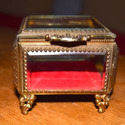 French Vintage Filigree Brass and Beveled Glass Jewelry Box With Hinged Lid Sku: J031