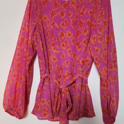 Women's Pink Orange Tie Waist Long Sleeve Blouse Size L