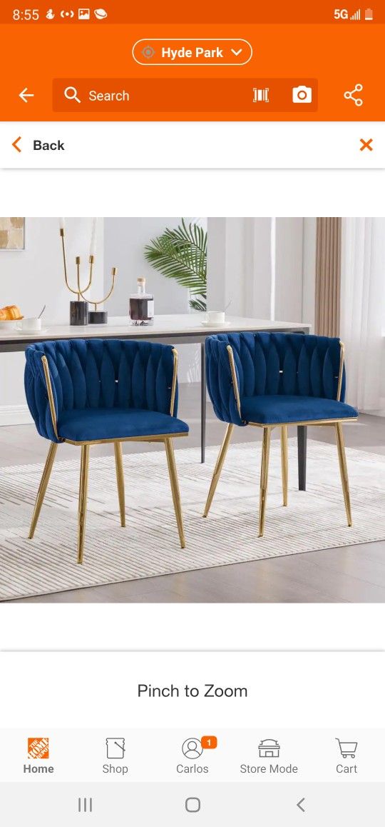Modern Navy Velvet Leisure DiningChair with Metal Legs (Set of 2)
New Assembled It Already Retail $240