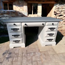 Large Solid Wood Desk Farmhouse White & Gray New