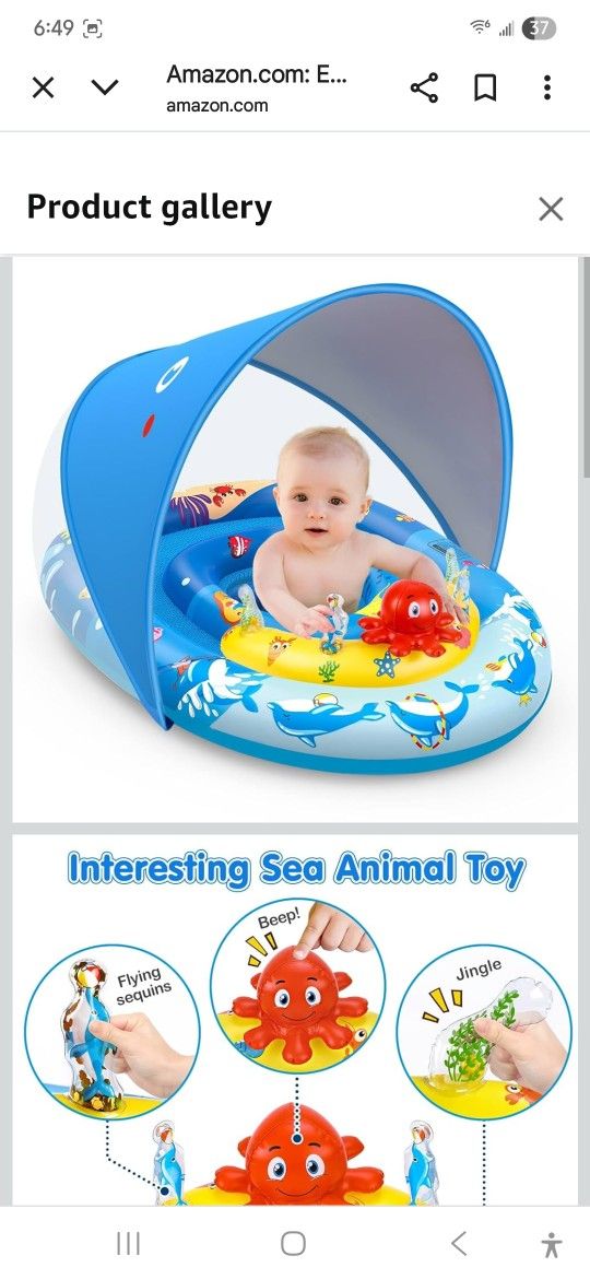 EZIGO Baby Pool Float with Canopy UPF50+ Sun Protection, Inflatable Kids Pool Floats with Ocean Animal Toys for Babies 6-36 Months, Infant Swimming Fl