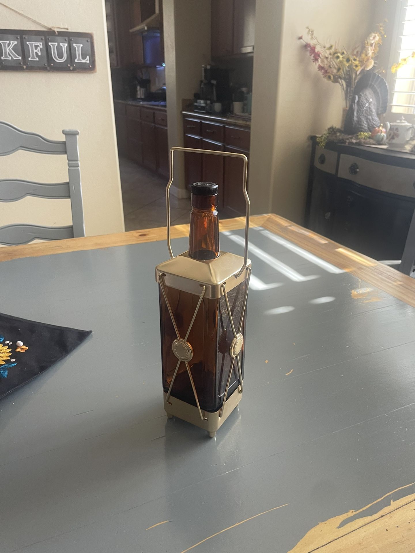 Vintage Music Box Decanter, Amber Glass Decanter, Gold Metal Carrier