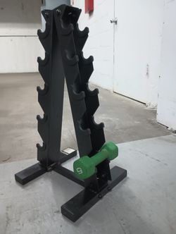 Sturdy black metal A-frame dumbbell rack has a five-tier design to store up to five pairs of weights.
This vertical stand helps organize gym equipmen