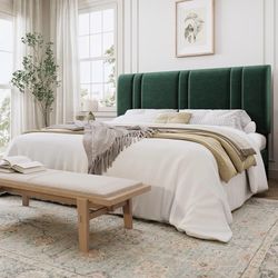 King Size Velvet Bed Frame with Adjustable Headboard, Green