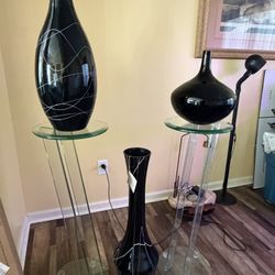 2- Glass Pedestal Stands with 3-Black Decorative Vases
