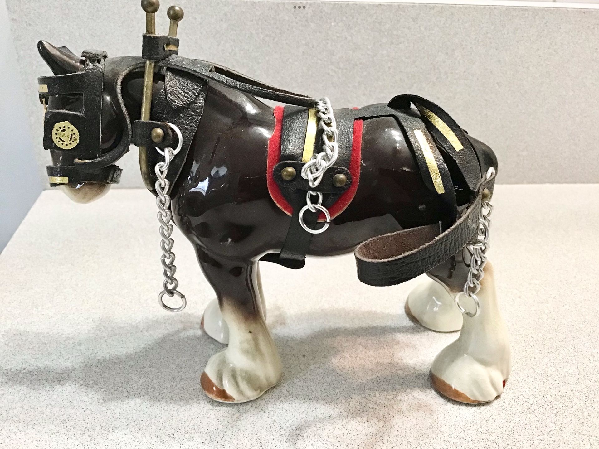 Vintage CLYDESDALE HORSE Figurine Hand-Painted Porcelain 5.25” Tall Very Detailed