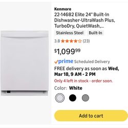 Kenmore Elite 24" Built-In Dishwasher - UltraWash Plus, TurboDry, QuietWash, SmartWash, TurboFlex Third Rack & Reach-Thru Handle - 15 Place Settings -