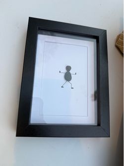Original Jeff Tseng Minimal Black Framed Pebble rock Figure Art signed 5x7”