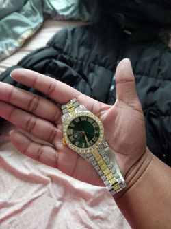 Iced Out Two-Tone Watch Green Dial