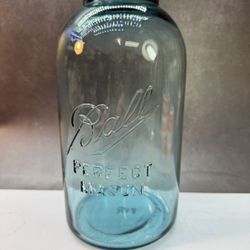 Rare 1(contact info removed) Antique Aqua Blue Ball Perfect Mason jar.  1/2 Gallon Zink Lid. Mason jar No 5. 9 1/2” tall.