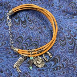 170-HMT New Country Western Rodeo Multilayered Four Charms Suede Feel Bracelet by