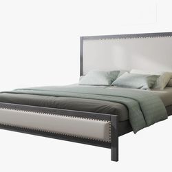 Solid Wood Platform Bed with Linen & Nailhead Trim- FULL