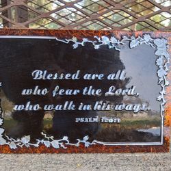 Vtg Inlaid MOTHER OF PEARL ~ PLAQUE  Wall Hanging Christian Religion Psalms 128:1 .....asking $30.00
