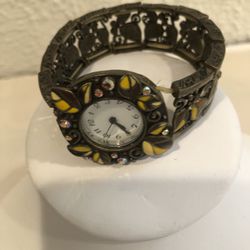 Beautiful Vintage Watch With Enamel Bracelet Yellow And Brown A Conversation Piece 