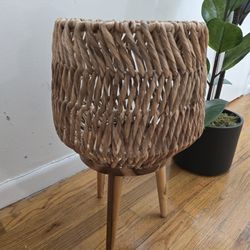 Artisanal Woven Planter on Wooden Legs - Perfect for Indoor Plants