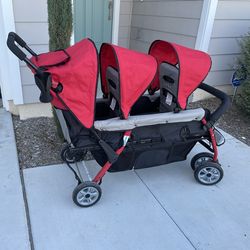 Foundations Compass 3 Seat Stroller | Triple Stroller for Infant and 2 Toddlers | Foot Brake | Shock-Absorbing All-Terrain Wheels | Easy Folding | Red