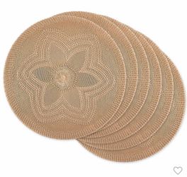6pk Plastic Woven Floral Placemats Beige - Design Imports: Round Botanical Dining & Kitchen Table Decor, 15"
