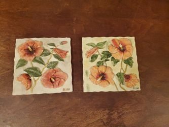 Vintage Set Of 2 Chen Blum Embossed 3D Orange Poppy Resin Plaques