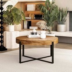 AS IS Minor Damage New Assembled 34" Round Wood Coffee Table with Metal Legs