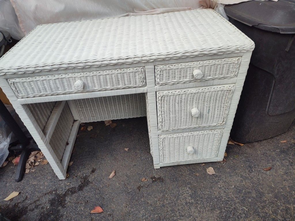 White Wicker Dresser/ Desk 40 1/2 by 21 1/2 Across Top. 30 Tall