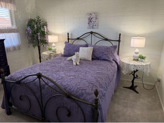 Queen Iron Bed Set + Dresser + End Tables + Decor Included