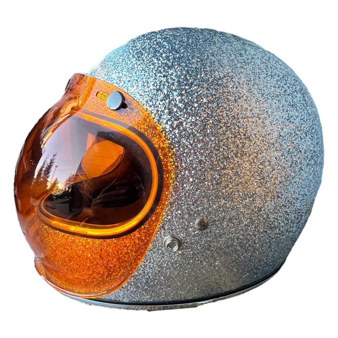 Biltwell Gringo ECE Brite Silver Flake Helmet with Orange Bubble Shield
