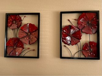 Red Metal Flower Wall Art Set of 2