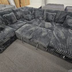 Dark Gray Jumbo corduroy U shaped sectional pullout sleeper Sofa bed with storage chaise w/ pillows 
