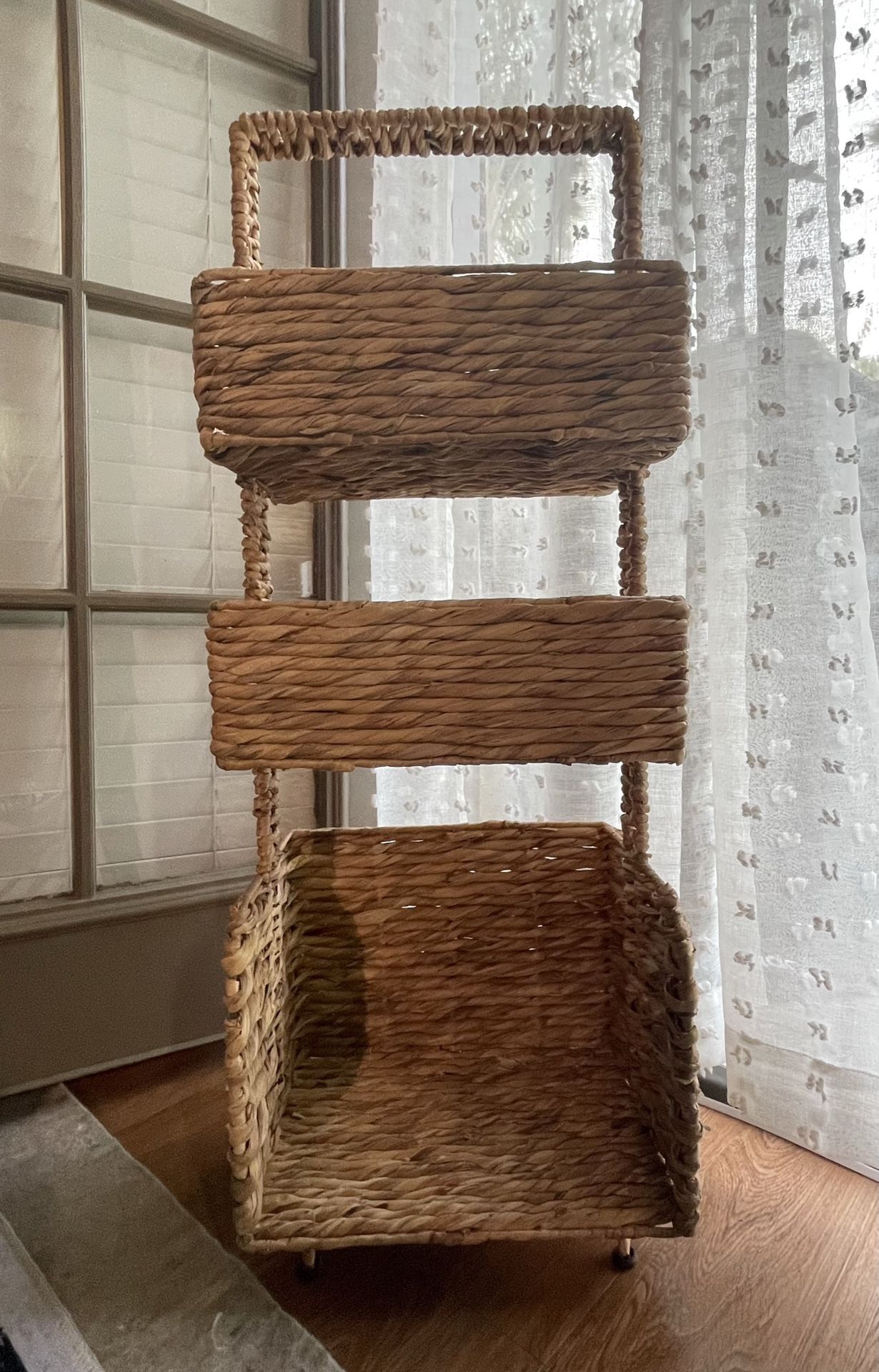 Rustic Boho Modern Woven Seagrass 3 Tiered Stacked Storage Unit, Bins, Shelves | Dining, Kitchen, Closet, Office, Desk, Utility Storage
