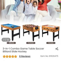 New 3 In 1 Game Table Foosball, Hockey Slide & Billiard Table