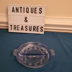 Vintage Federal Glass Windsor Blue Cane and Button Divided Relish Dish Vintage Blue Divided Depression Glass Dish with Handles