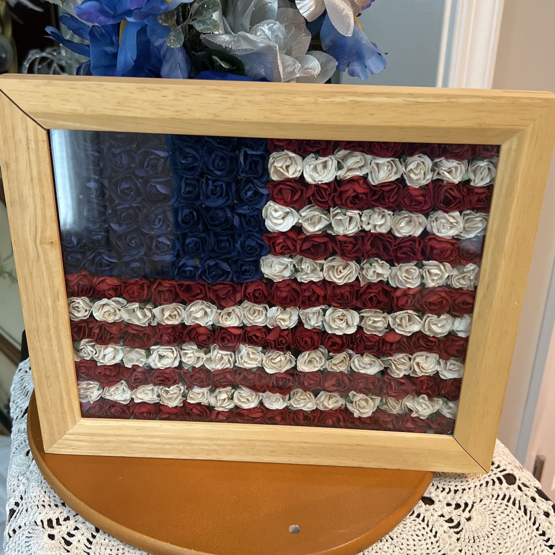 Beautiful! Framed In Silk Roses Design Of The American Flag!